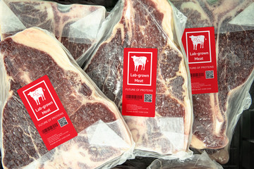 Artificial beef lab grown meat in retail supermarket emerging field of food production with label....