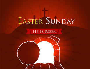 Hi is risen holy week easter banner. Easter christian motive, vector invitation to an Easter Sunday service with text He is risen on a background of rolled away from the tomb stone of Calvary
