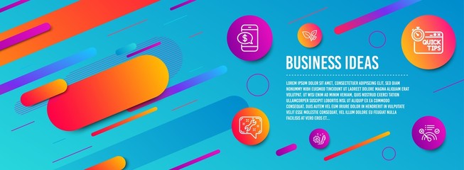 Header banner. Leaves, Phone payment and Spanner icons simple set. Engineering, Quick tips and No internet signs. Grow plant, Mobile pay. Business set. Line leaves icon. Gradient elements. Vector