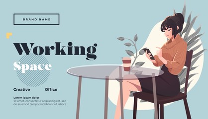 Fototapeta premium Working space Landing page template. Young female freelancer is sitting in modern hipster cafe with laptopn. Vector illustration
