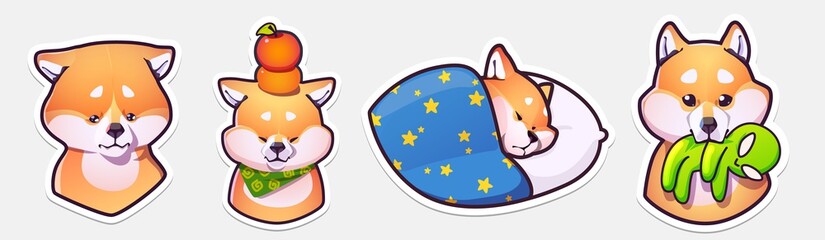 Sticker Collection of Emoji Cartoon Dog Emoticons. Shiba inu. Vector Illustrations