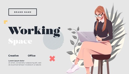 Working space Landing page template. Young female freelancer is sitting in modern hipster cafe with laptopn. Vector illustration