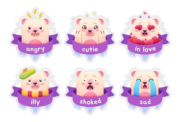 Cute little polar bear set of emoticons badges, patches, stickers. Funny animals. Vector illustration