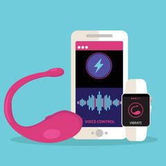 vibrator sex toy with the app to control vibrations, smartphone and smartwatch