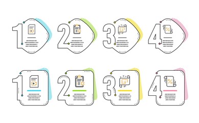 Video file, Reject checklist and Architectural plan icons simple set. Loan percent sign. Vlog page, Decline file, Technical project. Discount blueprint. Business set. Infographic timeline. Vector