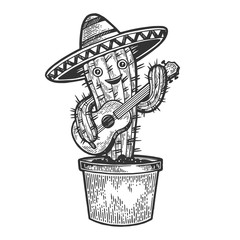 Fototapeta na wymiar Cartoon mexican cactus character with guitar and sombrero engraving sketch vector illustration. Scratch board style imitation. Black and white hand drawn image.