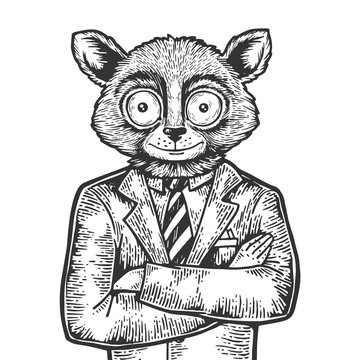 Tarsier head businessman sketch engraving vector illustration. Scratch board style imitation. Black and white hand drawn image.
