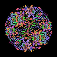 Colorful bohemian round pattern with leaves and flowers. Traditional ethnic ornament.  Vector print.