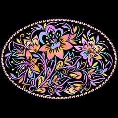 Colorful classic oval pattern with leaves and flowers. Traditional ethnic ornament.  Vector print.