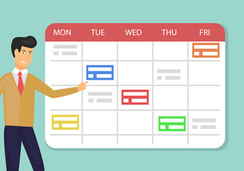 Schedule planner concept vector illustration of young man standing near big calendar and planning working week.