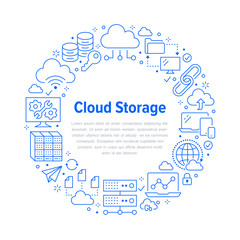 Cloud data storage circle poster with line icons. Database background, information, server center, global network, backup, security vector illustrations. Technology blue white template