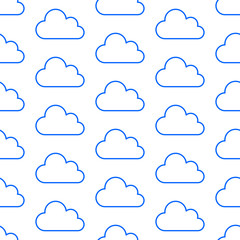 Cloud data storage seamless pattern with line icons. Database background, information server center, sky illustrations. Technology, nature blue white wallpaper