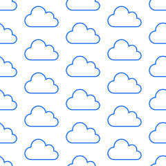 Cloud data storage seamless pattern with line icons. Database background, information server center, sky illustrations. Technology, nature blue white wallpaper