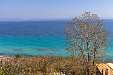 Fototapeta na wymiar Panoramic view of beach of town of Afytos, Kassandra, Chalkidiki, Central Macedonia, Greece