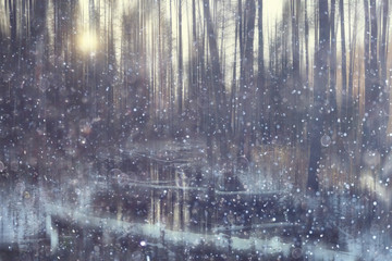 forest snow blurred background / winter landscape snow-covered forest, trees and branches in winter weather