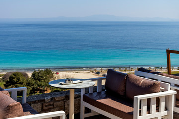 Typical Greek Restaurant at the coastline of town of Afytos, Kassandra, Chalkidiki, Central Macedonia, Greece