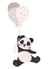 Cute panda with balloons isolated on white.
