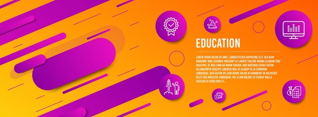 Header banner. Certificate, Music making and Launch project icons simple set. Checkbox, Pyramid chart and Accounting wealth signs. Verified award, Dj app. Education set. Line certificate icon. Vector