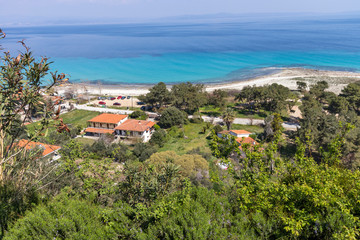 Panoramic view of beach of town of Afytos, Kassandra, Chalkidiki, Central Macedonia, Greece