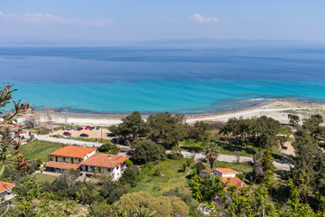 Panoramic view of beach of town of Afytos, Kassandra, Chalkidiki, Central Macedonia, Greece