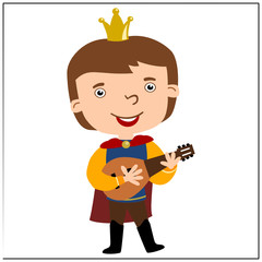 Funny prince in cartoon style playing lute isolated on white background