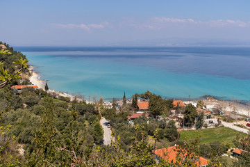 Panoramic view of beach of town of Afytos, Kassandra, Chalkidiki, Central Macedonia, Greece