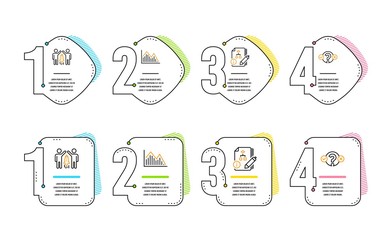 Investment graph, Partnership and Algorithm icons simple set. Quiz test sign. Investment infochart, Business startup, Project. Select answer. Education set. Infographic timeline. Vector