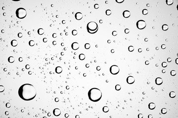 white isolated background water drops on the glass / wet window glass with splashes and drops of water and lime, texture autumn background