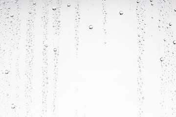 white isolated background water drops on the glass / wet window glass with splashes and drops of water and lime, texture autumn background