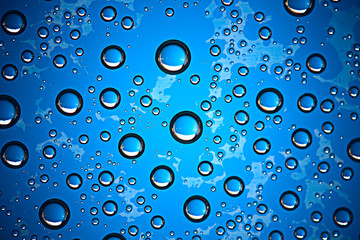 fresh drops background blue glass / wet rainy background, water drops transparent glass blue