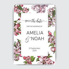 Template for wedding invitation. Card vector illustration with apple blossom.
