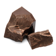 Dark or milk organic chocolate pieces isolated on white background