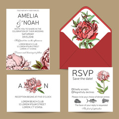Hand drawn sketch wedding illustration peony flowers. Vector templete Save the date.