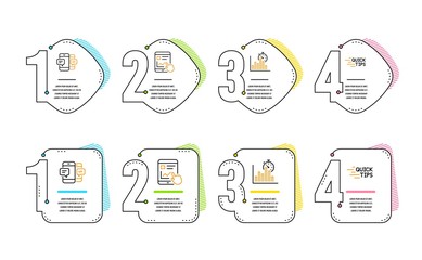 Report timer, Smartphone sms and Internet report icons simple set. Education sign. Growth chart, Mobile messages, Web tutorial. Quick tips. Education set. Infographic timeline. Line report timer icon