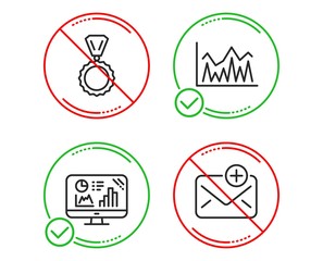 Do or Stop. Analytics graph, Medal and Investment icons simple set. New mail sign. Growth report, Winner, Economic statistics. Add e-mail. Education set. Line analytics graph do icon. Vector