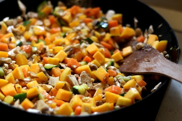 Vegetable and champignon mushroom stir fry in wok. Selective focus.