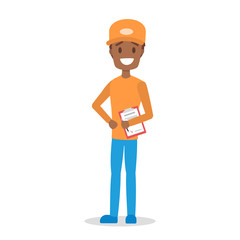 Delivery man. Courier in orange and blue uniform