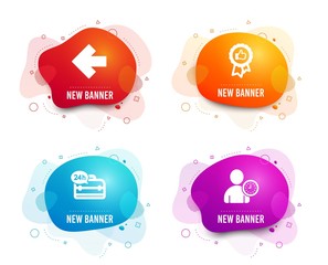 Liquid badges. Set of Positive feedback, 24h service and Left arrow icons. Time management sign. Award medal, Support, Direction arrow. User with clock.  Gradient positive feedback icon. Vector