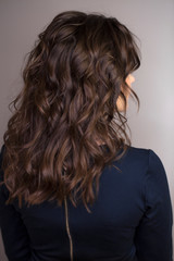 Obraz premium Female Long wavy brunette hair, rear view