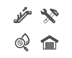 Set of Water analysis, Escalator and Spanner tool icons. Parking garage sign. Aqua bacteria, Elevator, Repair. Car place.  Classic design water analysis icon. Flat design. Vector