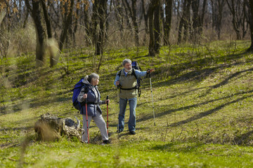 Obraz premium Find the right way in life. Aged family couple of man and woman in tourist outfit walking at green lawn in sunny day near by creek. Concept of tourism, healthy lifestyle, relaxation and togetherness.