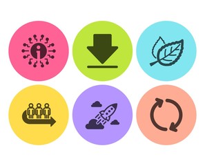 Startup rocket, Info and Downloading icons simple set. Queue, Leaf and Refresh signs. Business innovation, Information. Business set. Flat startup rocket icon. Circle button. Vector