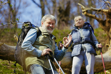 Fototapeta premium Feel right and pleasure. Aged family couple of man and woman in tourist outfit walking at green lawn near by trees in sunny day. Concept of tourism, healthy lifestyle, relaxation and togetherness.
