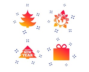 Happy new year icon. Christmas trees and gift box signs. World globe symbol. Random dynamic shapes. Gradient christmas icon. Vector