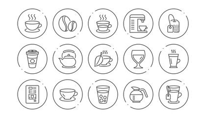 Coffee and Tea line icons. Cappuccino, Teapot and Coffeepot. Coffee beans linear icon set. Line buttons with icon. Editable stroke. Vector