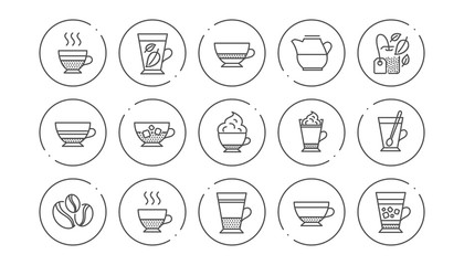 Coffee types and Tea icons. Mocha, Cappuccino and Latte. Americano cup linear icon set. Line buttons with icon. Editable stroke. Vector