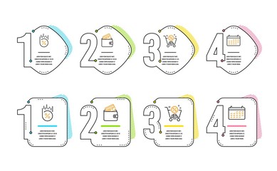 Debit card, Loan percent and Shopping cart icons simple set. Calendar sign. Wallet with credit card, Discount, Business audit. Finance set. Infographic timeline. Line debit card icon. Vector