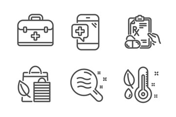 Bio shopping, First aid and Skin condition icons simple set. Medical phone, Prescription drugs and Thermometer signs. Leaf, Medicine case. Healthcare set. Line bio shopping icon. Editable stroke
