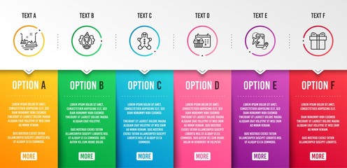 Bumper cars, Clown and Gingerbread man icons simple set. Christmas calendar, Flight destination and Gift box signs. Carousels, Funny performance. Holidays set. Infographic template. 6 steps timeline