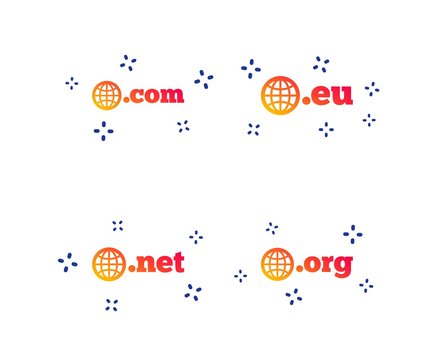 Top-level internet domain icons. Com, Eu, Net and Org symbols with globe. Unique DNS names. Random dynamic shapes. Gradient domain icon. Vector